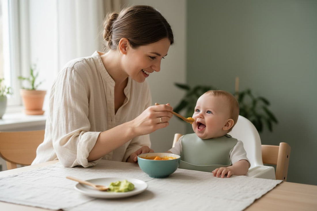 Mother gently offering a spoonful of puree to a smiling baby in a high chair, with a teal ceramic bowl and wooden spoon on a light wood table
