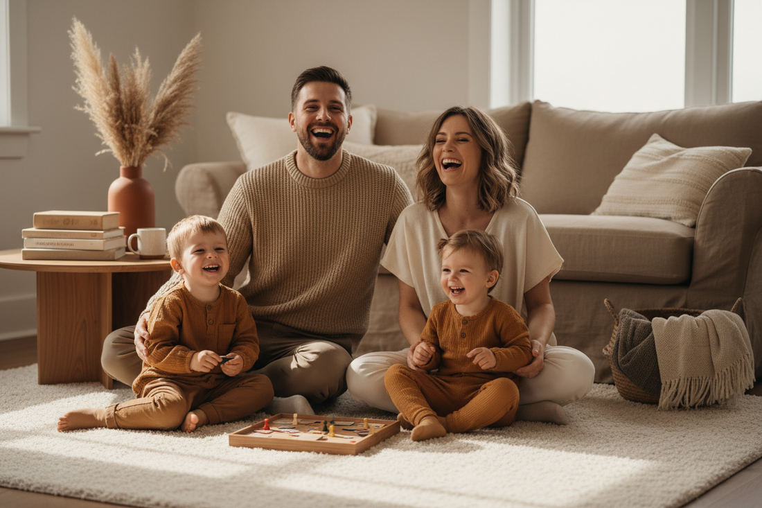 Family sitting together on the floor playing a board game with no screens, warm natural light