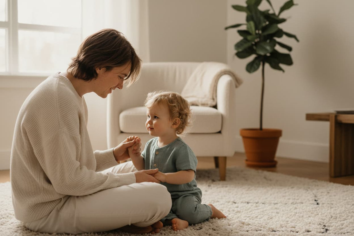 Parent sitting on the floor at eye level with a toddler, calm and connected — raising emotionally intelligent kids ages 1–4
