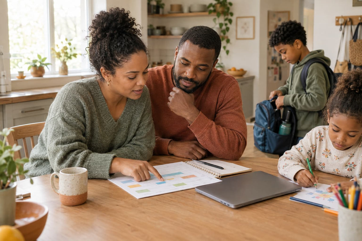 Parents review a weekly calendar at the kitchen table while one child packs a backpack and another draws nearby.