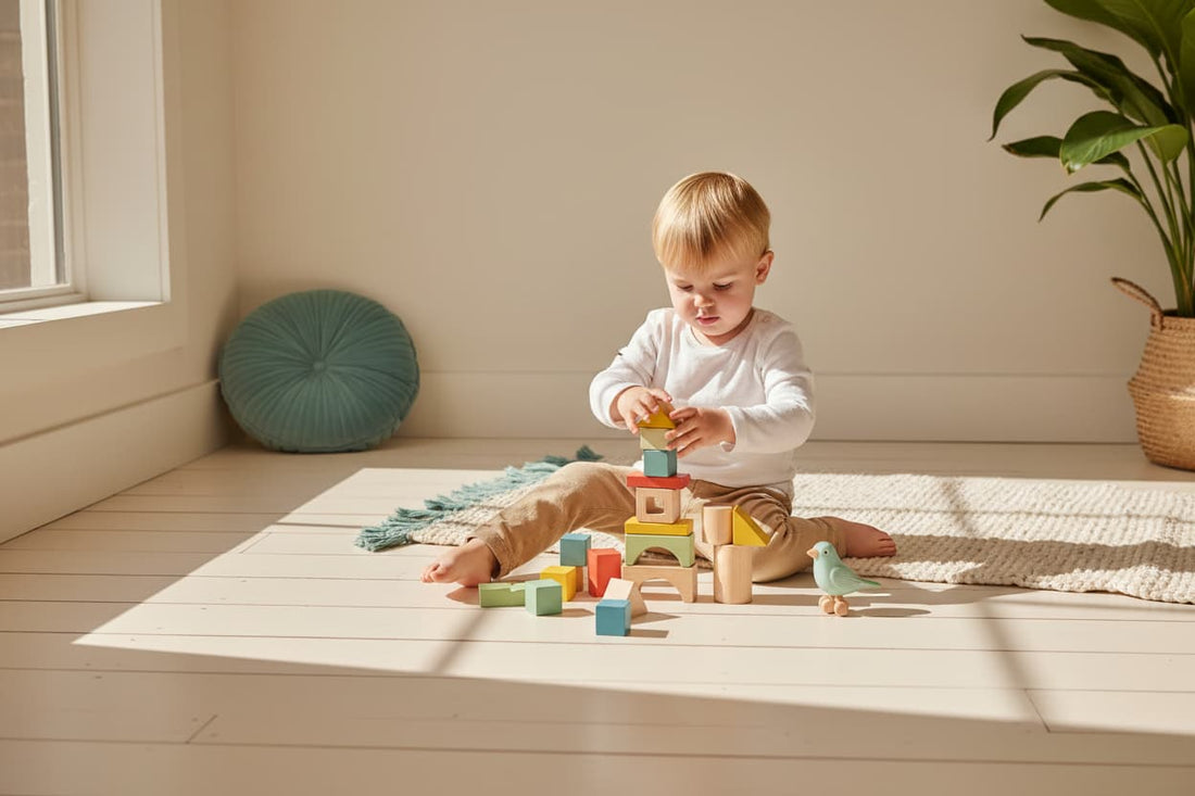 Young toddler playing independently with wooden blocks on a cream floor — screen-free play for kids