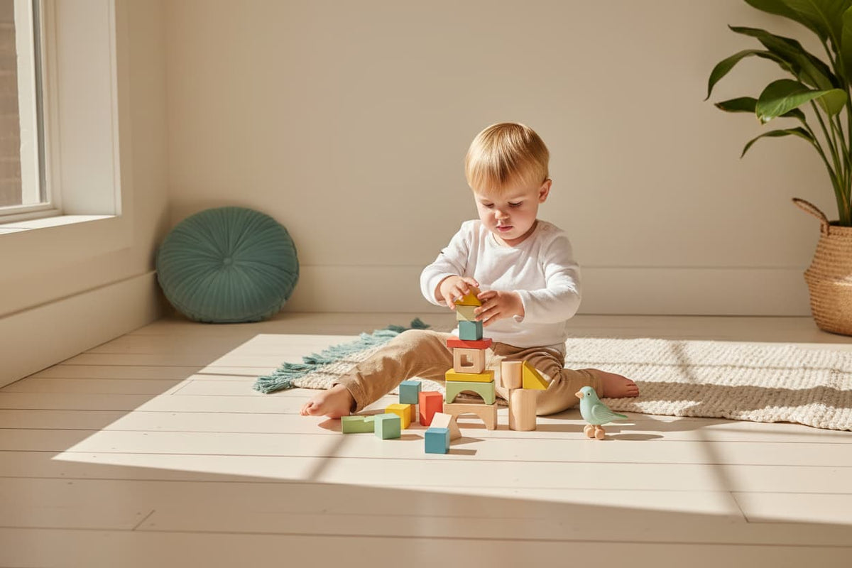 Young toddler playing independently with wooden blocks on a cream floor — screen-free play for kids