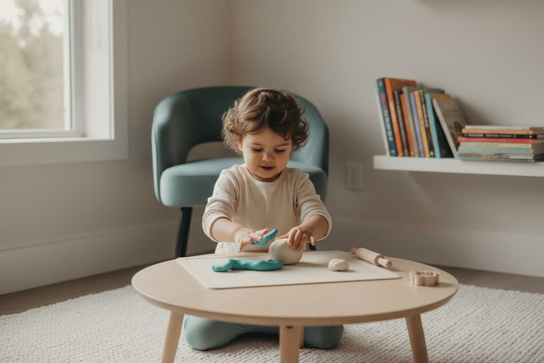 Toddler playing happily with playdough at a low table — a safe, screen-free activity that supports fine motor development and creativity in children ages 1–4
