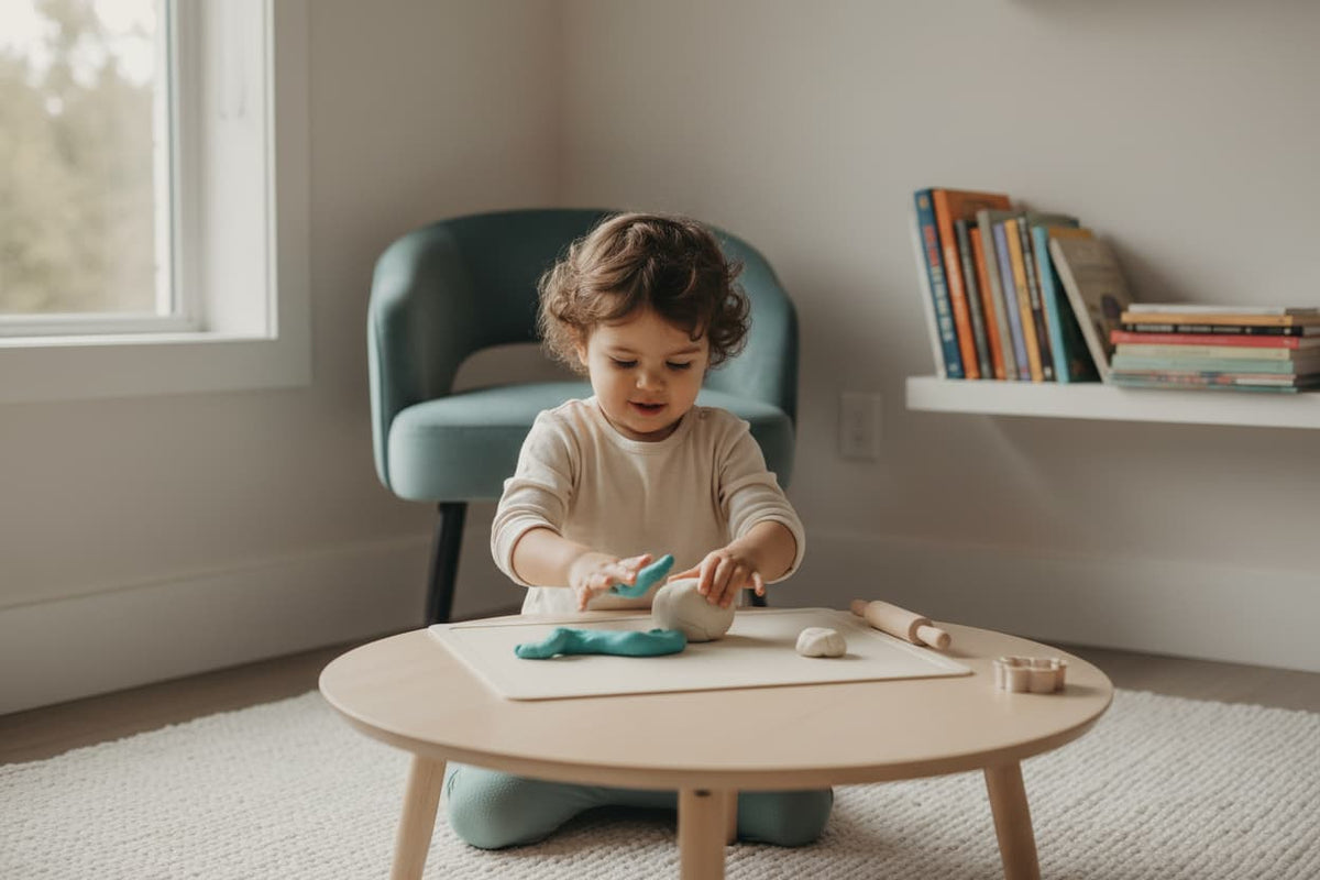 Toddler playing happily with playdough at a low table — a safe, screen-free activity that supports fine motor development and creativity in children ages 1–4