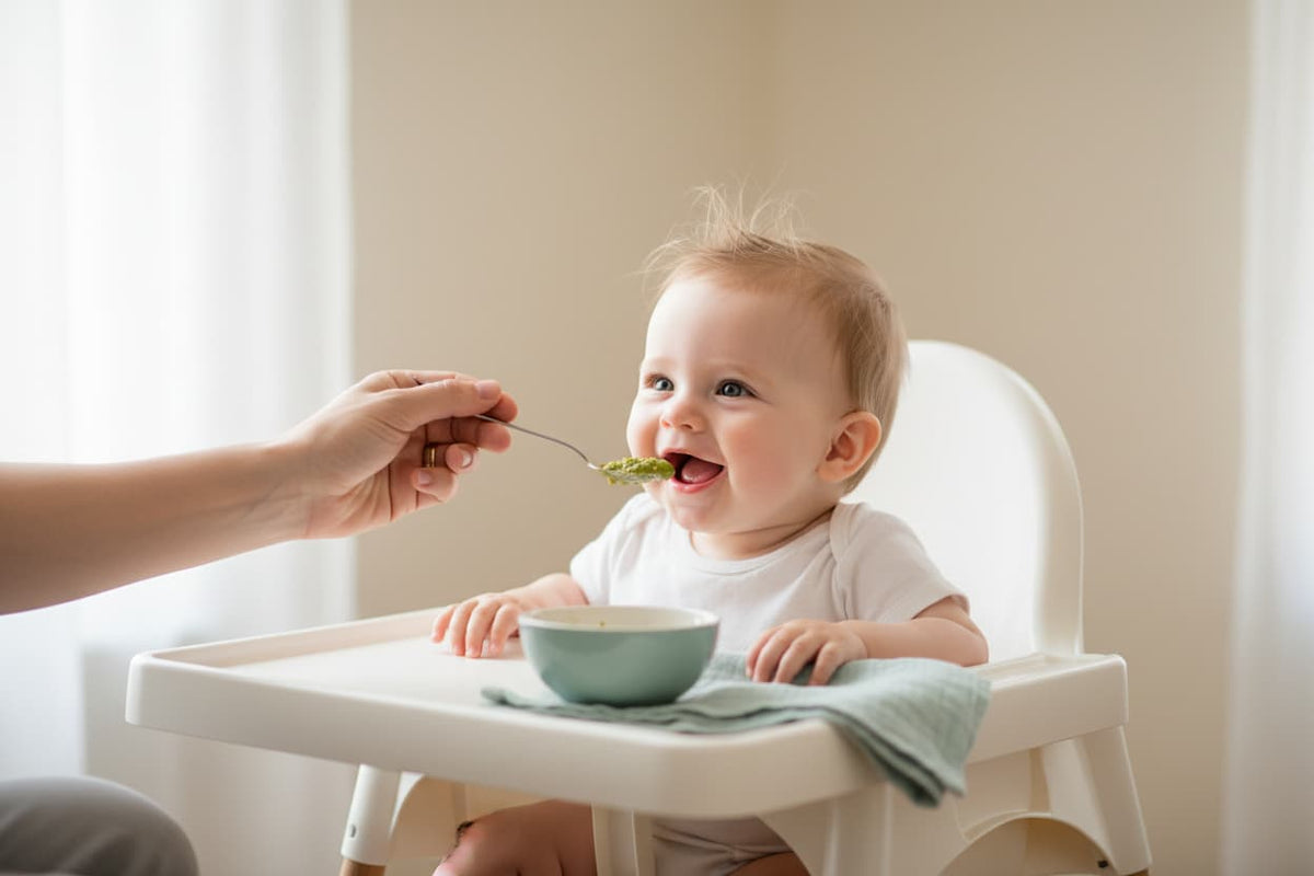 Baby sitting in a high chair being offered a spoon of pureed food by a parent, soft natural light, calm weaning moment