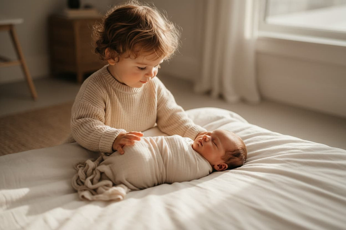 toddler gently gazing at newborn baby sibling at home — sibling rivalry and new baby transition