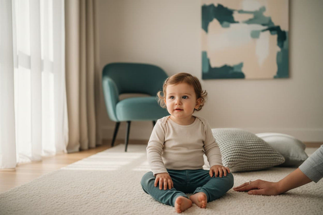 A toddler sitting calmly on a cream rug with a parent's hand nearby, representing the difference between toddler tantrums and meltdowns and the importance of co-regulation