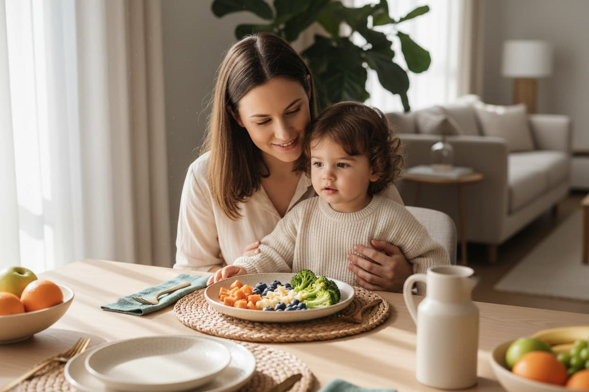 A mother and toddler sitting together at a dining table, with the child curiously looking at a colourful plate of food — illustrating calm, pressure-free mealtimes for picky eaters.