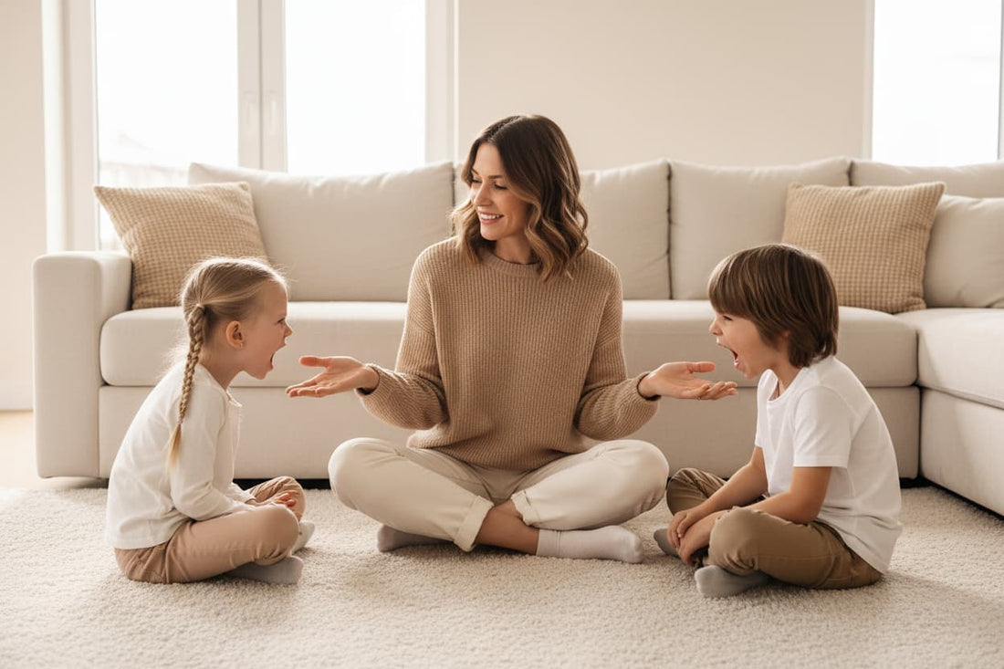A mother calmly mediating between two young siblings who are arguing, sitting on a living room floor — illustrating how to stop sibling fighting without taking sides
