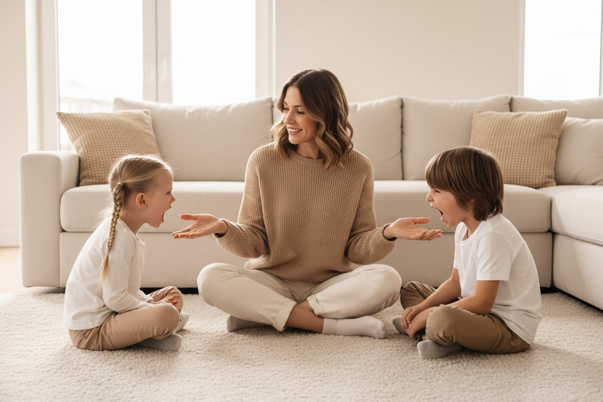 A mother calmly mediating between two young siblings who are arguing, sitting on a living room floor — illustrating how to stop sibling fighting without taking sides