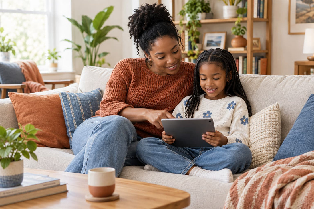 Parent and child having a calm conversation while using a tablet together