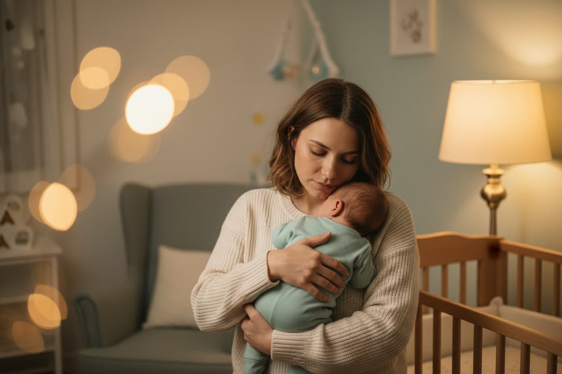Mother tenderly holding her baby in a softly lit nursery at night, representing the exhaustion and love of navigating baby sleep regressions