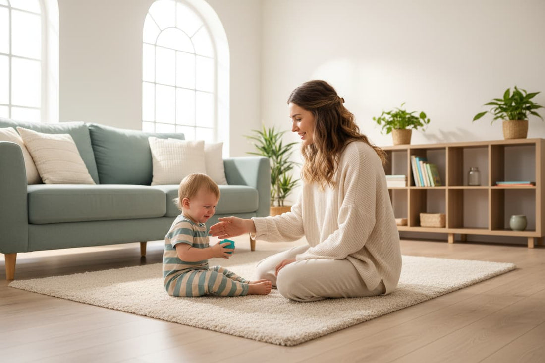 A mother kneeling calmly to eye level with her frustrated toddler in a bright living room, illustrating compassionate toddler discipline and emotional connection