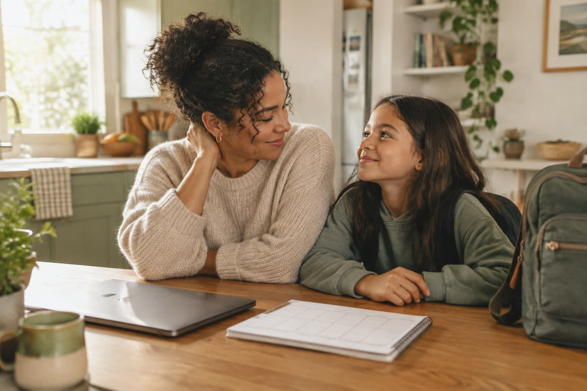 Parent and school-age child sharing a quiet moment at the kitchen table beside a laptop and weekly planner