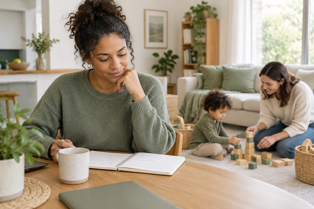 Working parent reviewing childcare notes while a caregiver plays with a child at home.