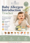 Front cover of the 'Baby Allergen Introduction Tracker' workbook by My Parent Playbook. The cover features a smiling baby in a high chair eating, with text detailing the workbook's purpose, icons explaining tracking steps, and a row of common allergens at the bottom.