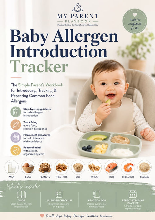 Front cover of the 'Baby Allergen Introduction Tracker' workbook by My Parent Playbook. The cover features a smiling baby in a high chair eating, with text detailing the workbook's purpose, icons explaining tracking steps, and a row of common allergens at the bottom.