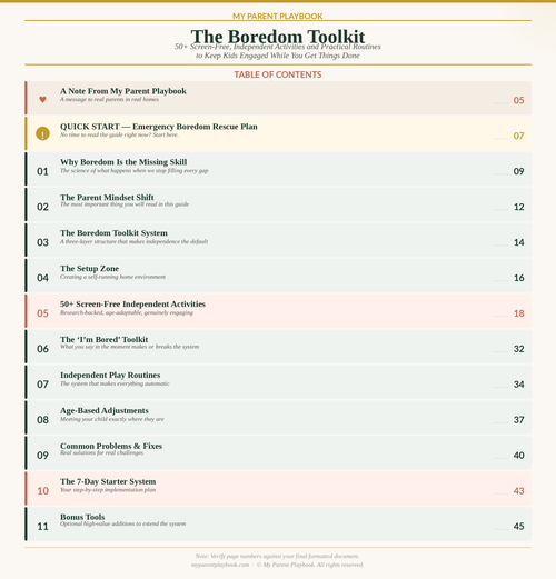 The Boredom Toolkit - 50+ Screen-Free, Independent Activities and Practical Routines to Keep Kids Engaged While You Get Things Done.