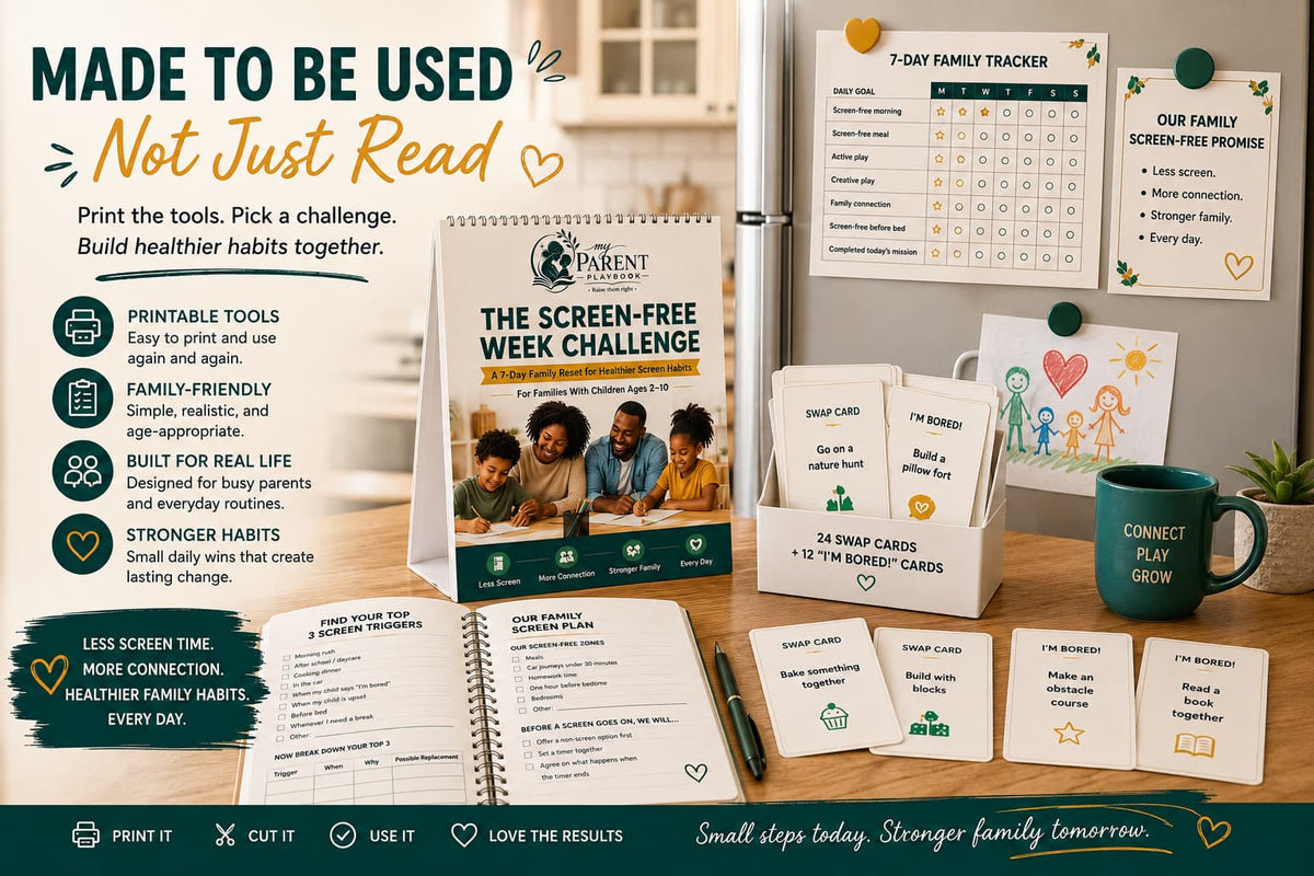 A promotional collage for a screen-free parenting challenge kit, showing printed tools, a spiral notebook cover, tracker sheets, cards, a mug, and a desk setup. Large text reads 'MADE TO BE USED Not Just Read' and the brand 'Parenting with Purpose' is visible on the notebook cover.
