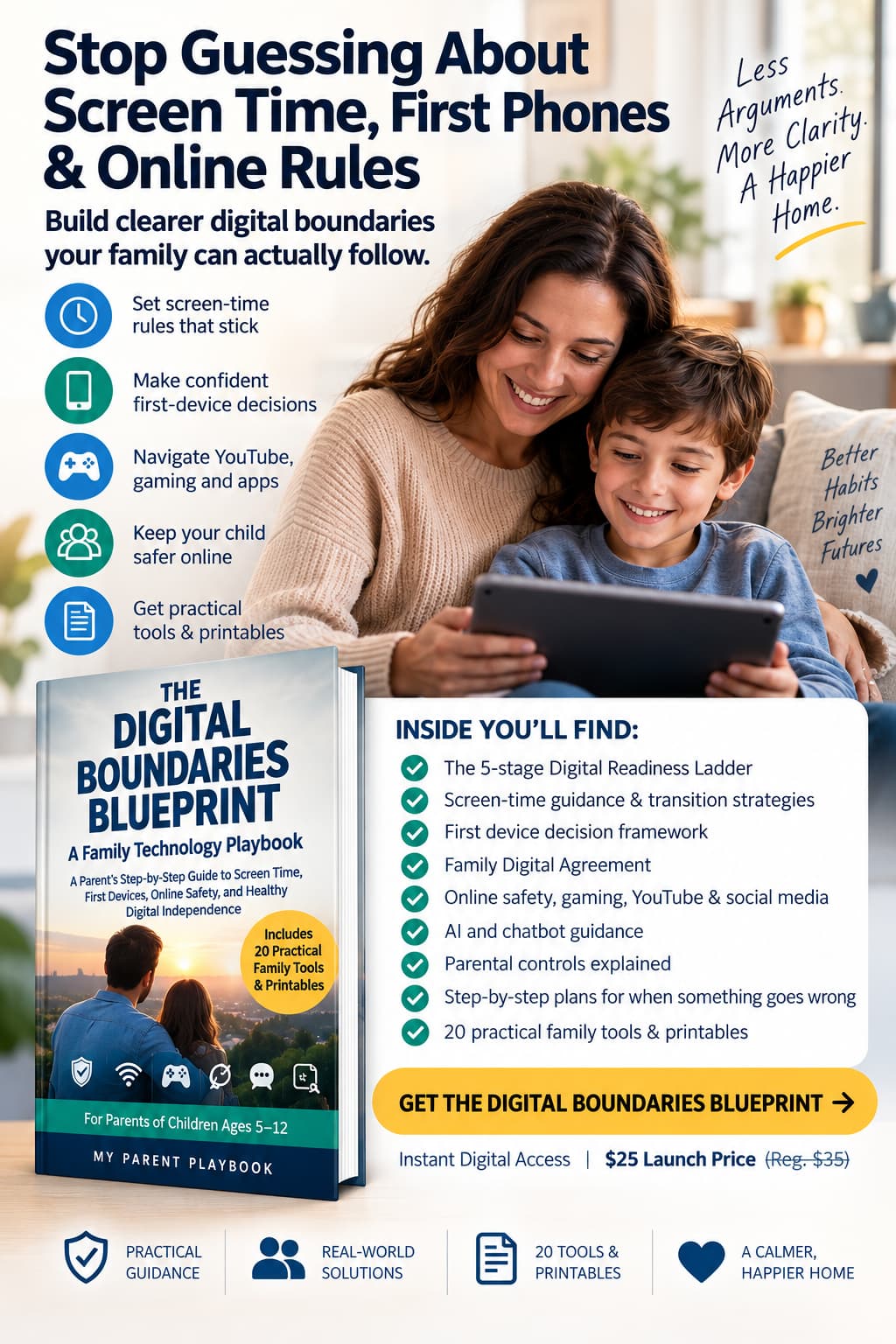 A promotional flyer for 'The Digital Boundaries Blueprint' by 'My Parent Playbook'. The flyer features a large photo of a smiling couple, a book cover, and various blue and yellow icons detailing the program's benefits, such as setting screen-time rules and navigating YouTube and gaming apps.