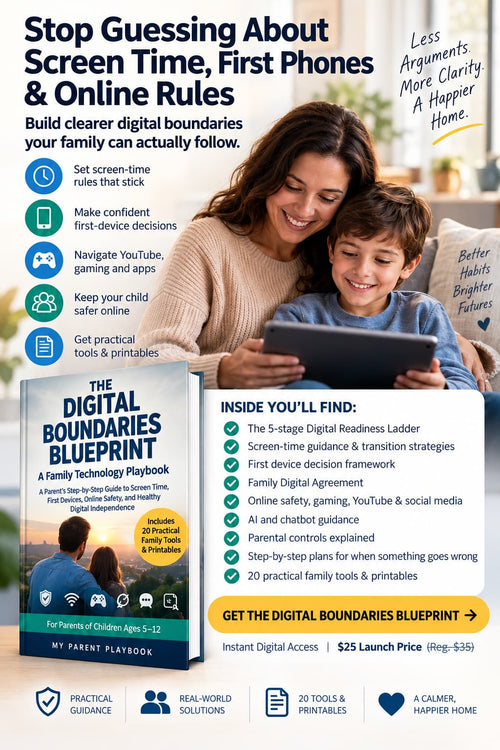 A promotional flyer for 'The Digital Boundaries Blueprint' by 'My Parent Playbook'. The flyer features a large photo of a smiling couple, a book cover, and various blue and yellow icons detailing the program's benefits, such as setting screen-time rules and navigating YouTube and gaming apps.