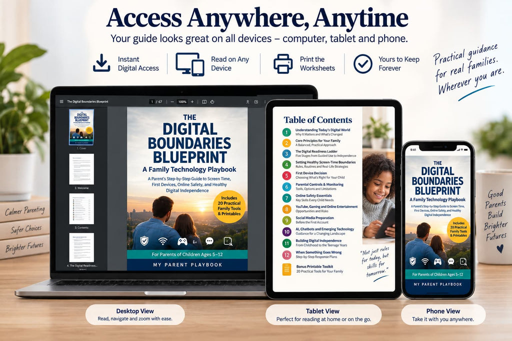 Digital product mockup showing the 'The Digital Boundaries Blueprint' playbook displayed on a laptop, tablet, and phone screen, with feature callouts above and desktop/tablet/phone view labels below.