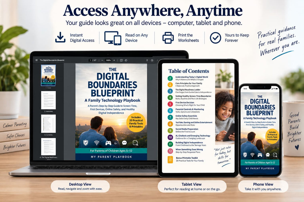 Digital product mockup showing the 'The Digital Boundaries Blueprint' playbook displayed on a laptop, tablet, and phone screen, with feature callouts above and desktop/tablet/phone view labels below.