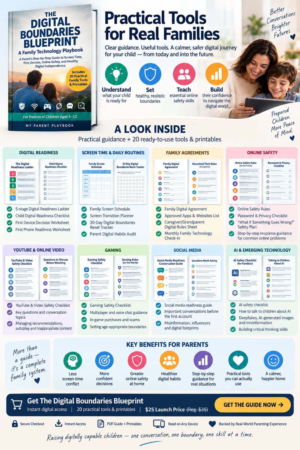 A promotional graphic for a digital family boundaries blueprint book and printable tools. The layout includes the book cover, a large 'A LOOK INSIDE' preview section with digital readiness, screen time & device routines, family agreements, online safety, YouTube & online video, gaming, social media, AI & emergency technology, and key benefits for parents.