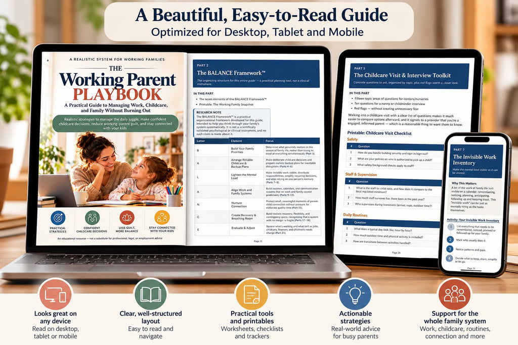 The Working Parent Playbook PDF displayed on a laptop, tablet, and smartphone, featuring the BALANCE Framework, childcare planning tools, checklists, and practical resources for working parents.