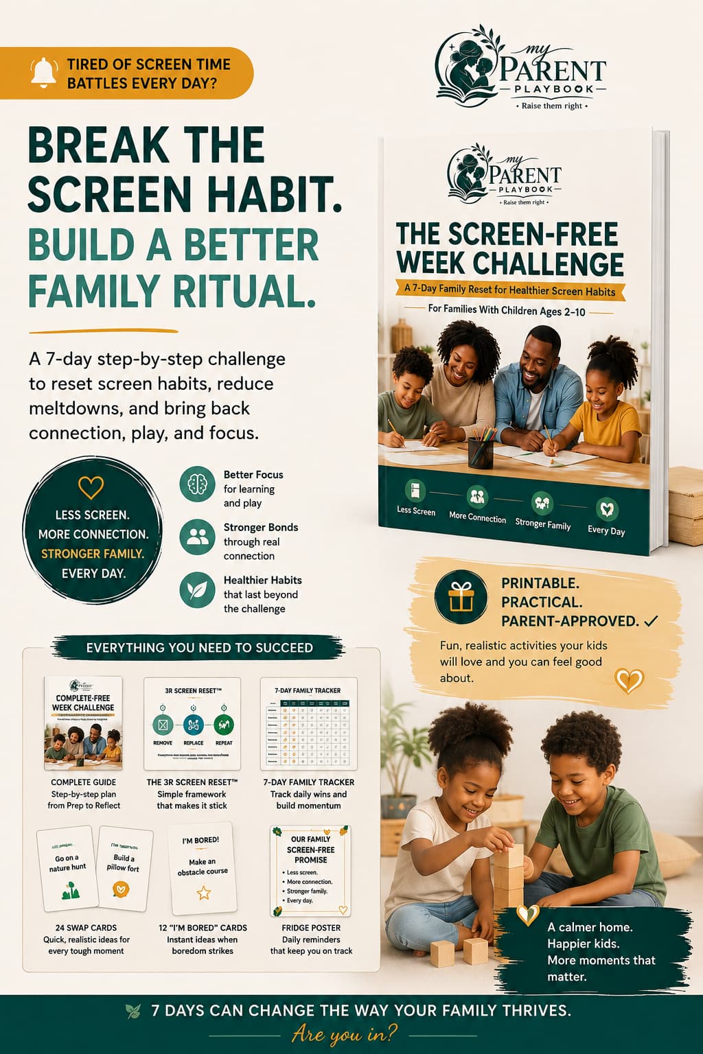Promotional graphic for the 'The Screen-Free Week Challenge' by 'My Parent Playbook', featuring a book cover, a family activity photo, and various printable worksheet templates on a light beige background with teal and yellow text.