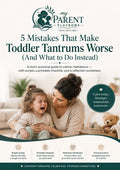 Book cover for 'My Parent Playbook: 5 Mistakes That Make Toddler Tantrums Worse (And What to Do Instead)' featuring a photo of a woman comforting a crying toddler, with dark green text and a teal circular badge.