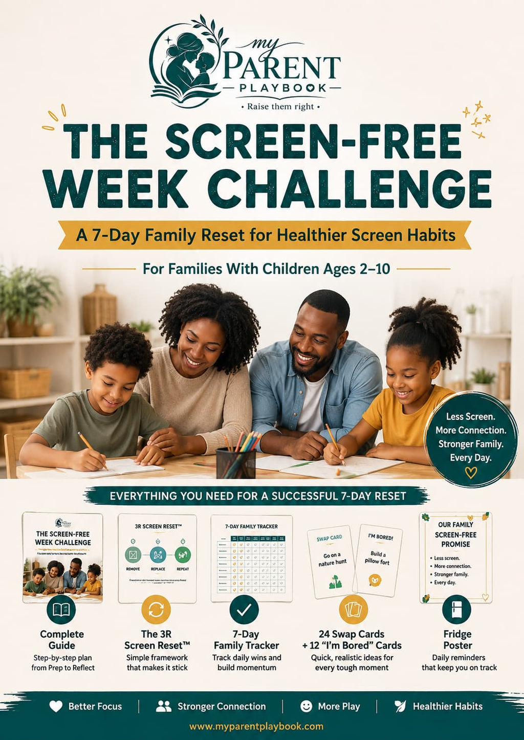 Promotional graphic for the 'The Screen-Free Week Challenge' by My Parent Playbook, featuring a family of three in a living room setting, with product details, tracker cards, and habit posters displayed below.