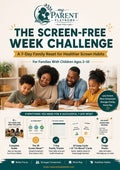 Promotional graphic for the 'The Screen-Free Week Challenge' by My Parent Playbook, featuring a family of three in a living room setting, with product details, tracker cards, and habit posters displayed below.