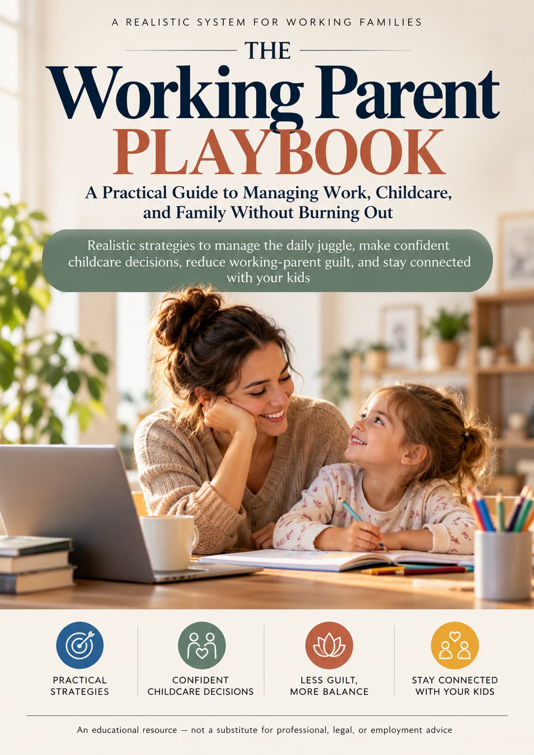 The Working Parent Playbook cover featuring a working mother and child, a practical guide to managing work, childcare, family routines, working-parent guilt, and staying connected with your kids.