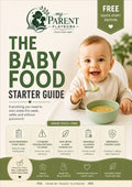 Free printable Baby Food Starter Guide cover featuring healthy baby foods and feeding resources for parents starting solids with babies aged 6–12 months.