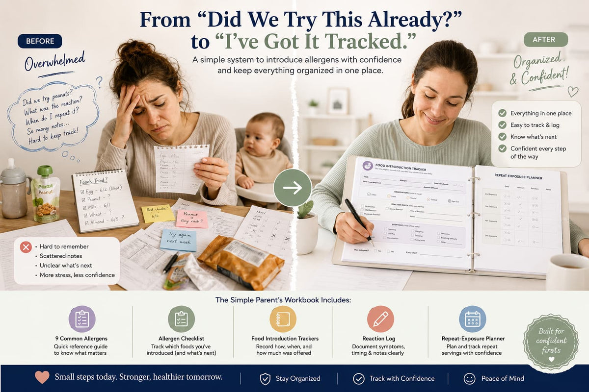 An infographic-style promotional image for a parenting workbook titled 'The Simple Parent's Workbook.' It shows two women and a child at a desk with papers and folders, alongside text callouts such as 'From "Did We Try This Already?" to "I've Got It Tracked.