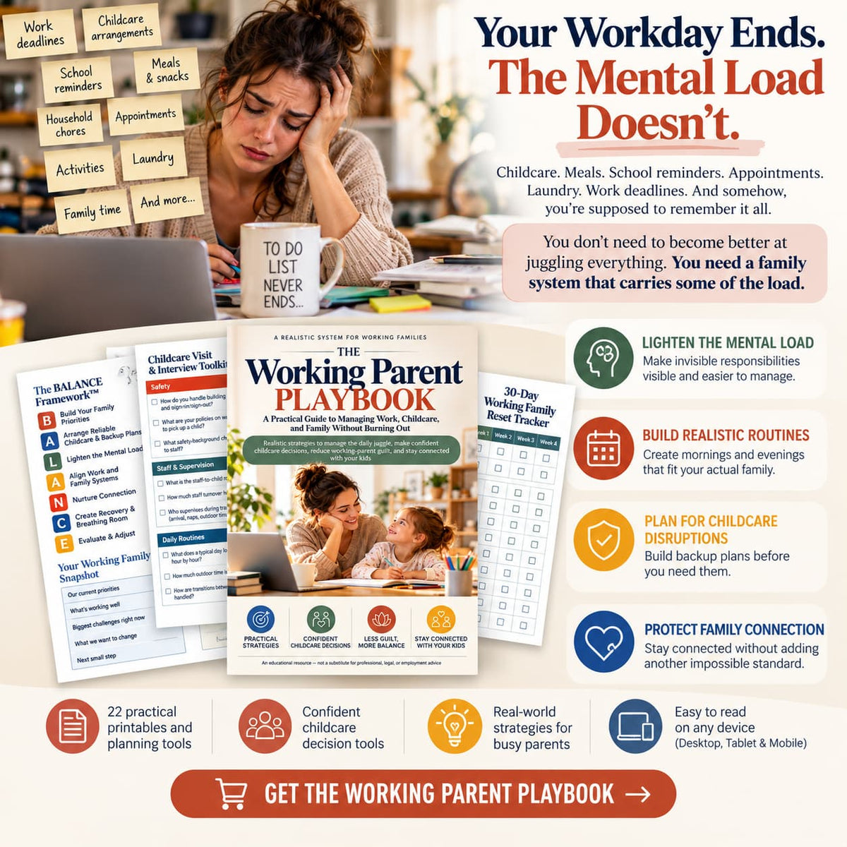 Working parent feeling overwhelmed by the mental load, alongside The Working Parent Playbook and practical tools for managing childcare, family routines, responsibilities, and parent-child connection.