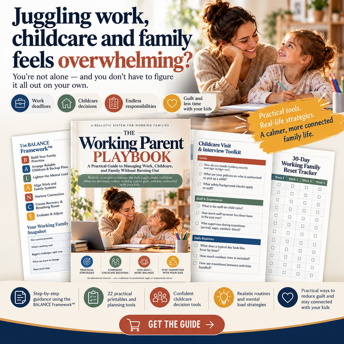 The Working Parent Playbook digital guide featuring the BALANCE Framework, childcare decision tools, 22 practical printables, family planning worksheets, and a 30-day working family reset tracker for busy working parents.