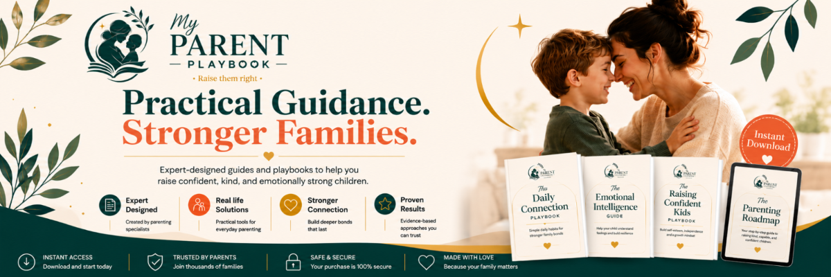 Advertisement for 'My Parent Playbook' with a woman and child, featuring text about practical guidance and stronger families.


